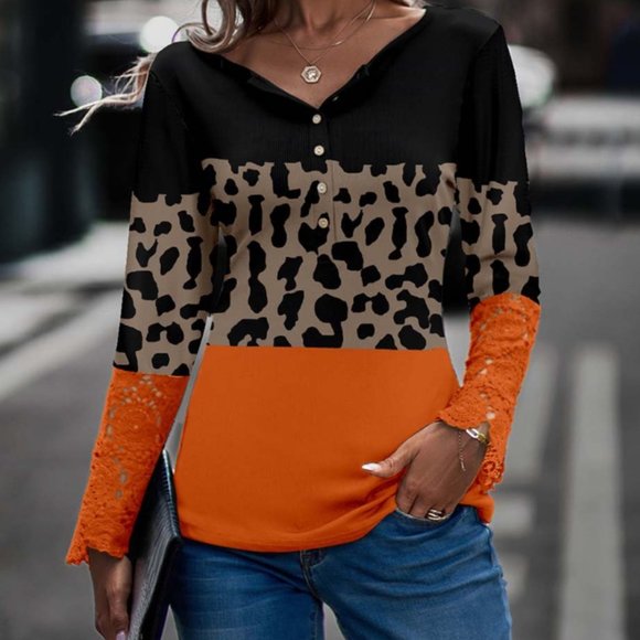 LA MODE | Off-Black & Orange Leopard Color Block Long Sleeve (Size: Large) - Picture 3 of 12